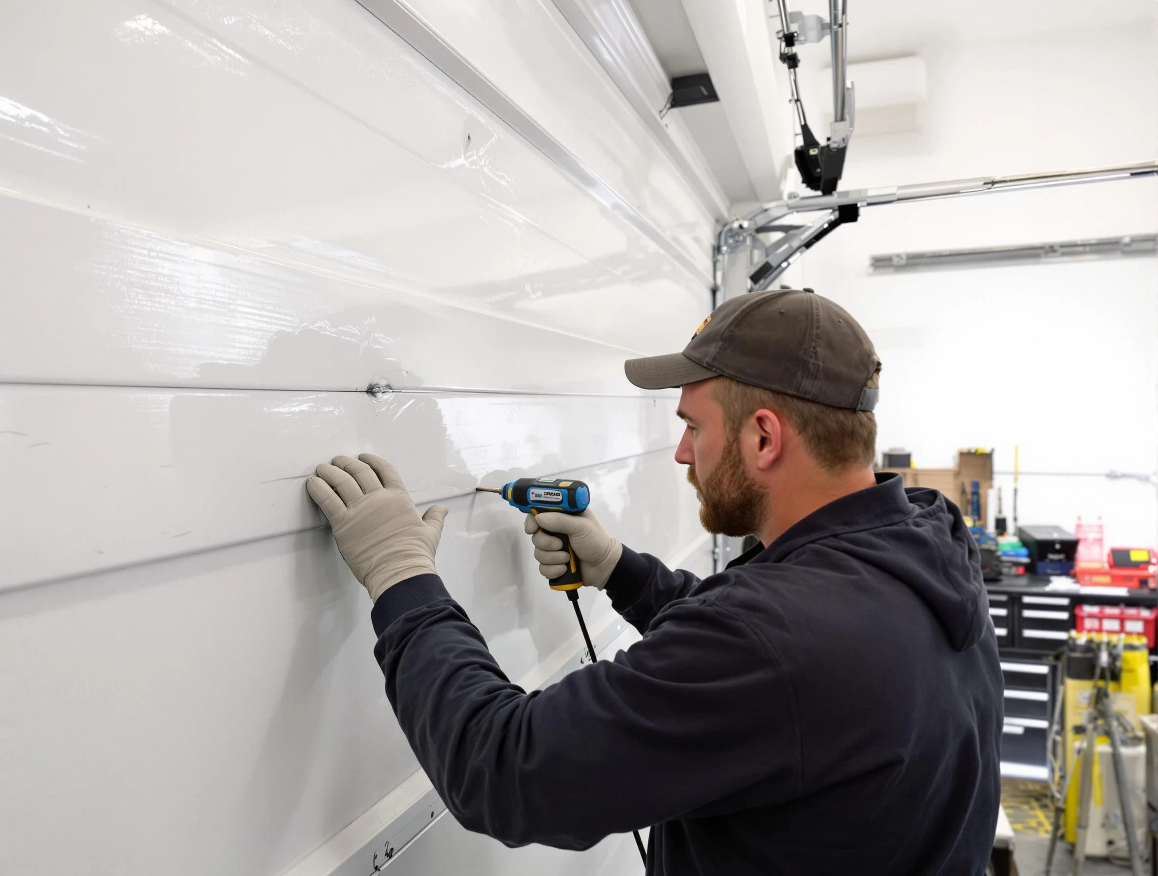 Acworth Garage Door Repair technician demonstrating precision dent removal techniques on a Acworth garage door
